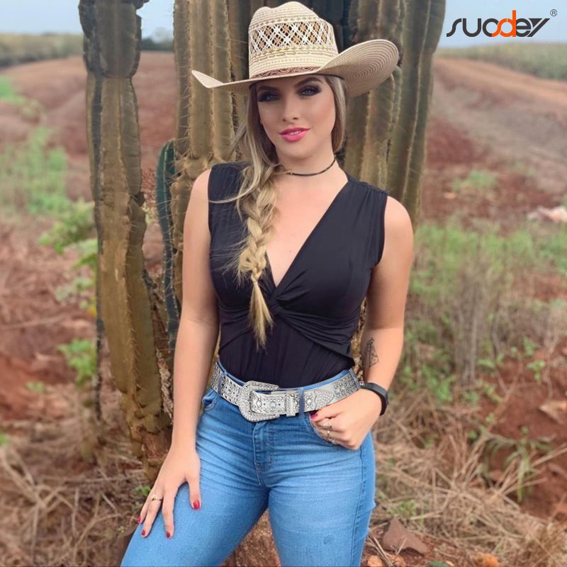 SUOSDEY Rhinestone Belt for Men Women Western Cowboy Cowgirl Bling Studded Leather Belt for Jeans Pants,White,S - Image 2